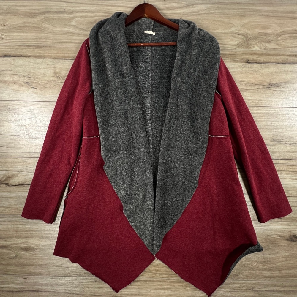 Hem & Thread Burgundy Grey Fuzzy Lined Asymmetrical Open Front Cardigan Large